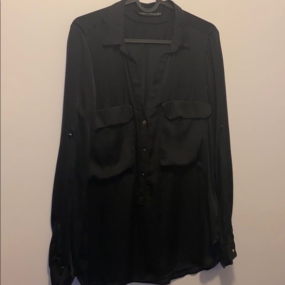 Zara black double pocket loose satin shirt  blouse - Picture 5 of 12